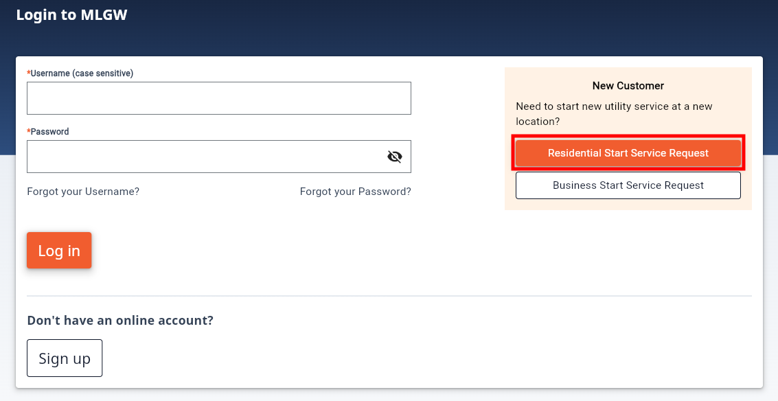 Login page with the Residential Start Service Request button highlighted
