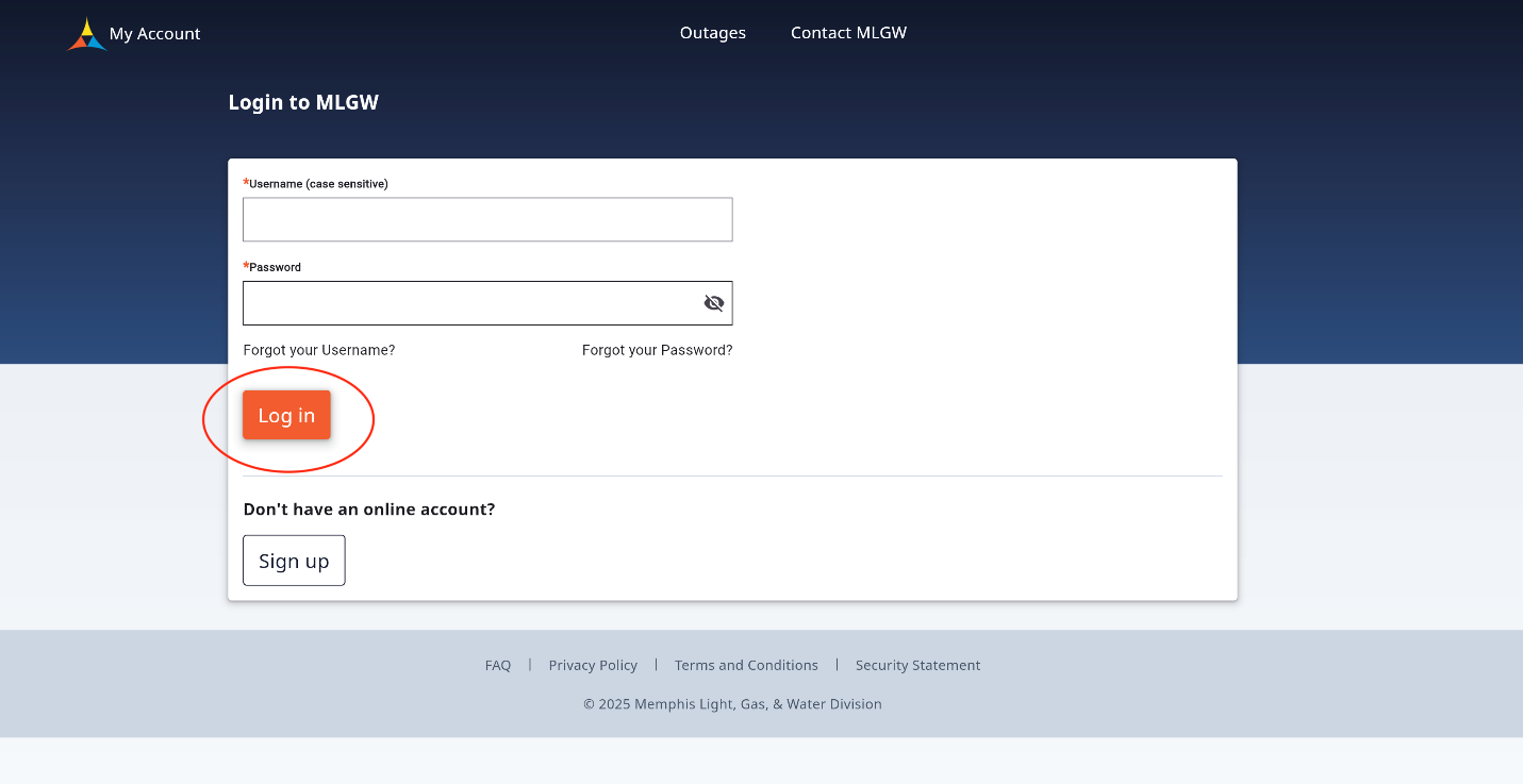 MLGW My Account login page with the Log in button highlighted