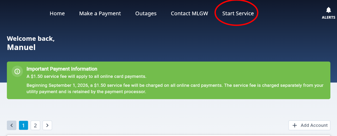 Top navigation bar with Start Service highlighted