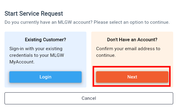 Start Service Request dialog with the Next button highlighted under Don't Have an Account?