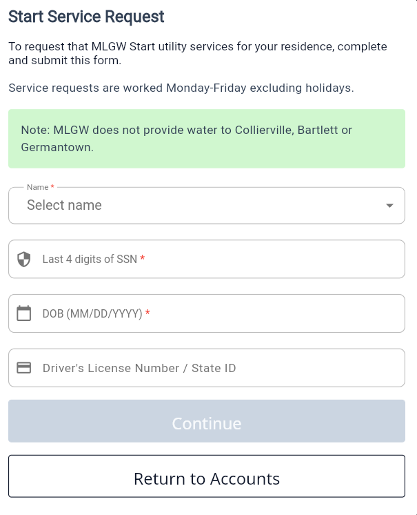 Start Service Request form with name, last 4 digits of SSN, DOB and driver's license fields